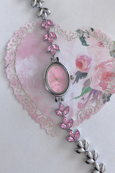 captiva Minimal Pink Stone Oval Dial Floral Wristwatch
