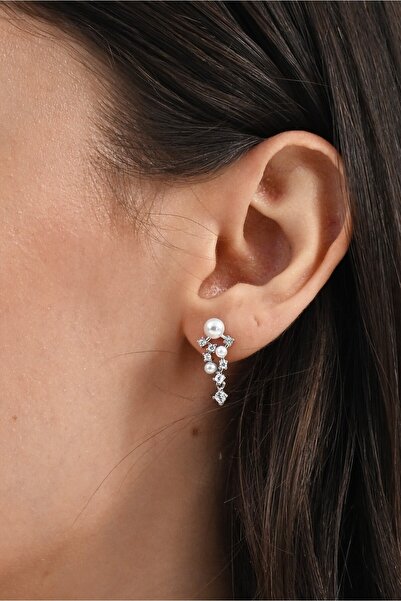 Söğütlü Silver Gümüş rodyumlu zirkon taşlı incili salkım modeli küpe SGTL1302...