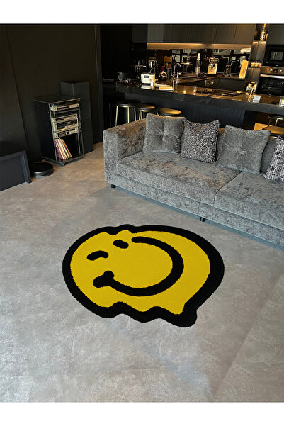 Rugs Modern Halı Mosso Yellow Smiling Face Emoji Patterned Woven Base Modern Decorative Rug Mosso342