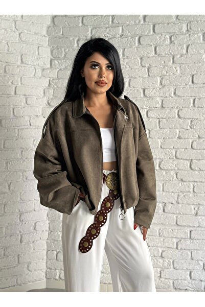 moneta boutique Women's Suede Zippered Bomber Jacket