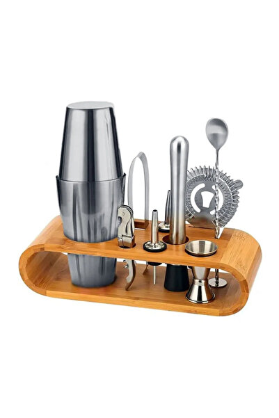 Masis Home 10 Parça Ahşap Standlı Boston Shaker Kokteyl Seti, 750 ml