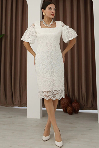 lodmela Square Neck Balloon Sleeve Lace Dress 6039-White