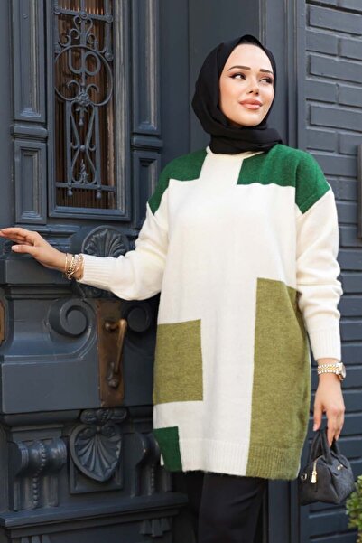 N.S NEVA STYLE Color Block Green Hijab Knitwear Sweater Tunic 88101Y