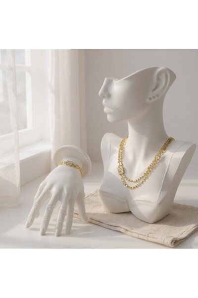 BuradaBuldun طقم قلادة وسوار ذهبي اللون مرصع بأحجار الباجيت على شكل صف مزدوج