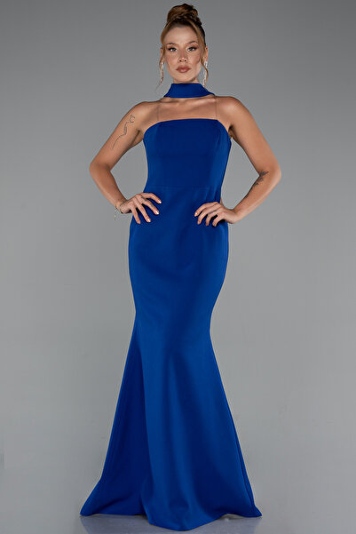 Abiyefon Saks Mavi Straplez Şallı Uzun Balık Abiye Elbise ABU5282