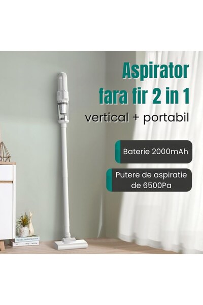 KonLinx Aspirator vertical fără fir, 6500Pa, filtru HEPA, iluminare LED, alb