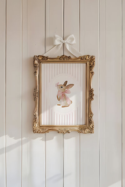 Posteria 2'li Vintage Pembe Tavşan Çocuk Odası Dekoru, Bebek Odası Dekoru, Çerçevesiz Poster