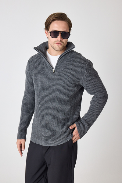 ENQUE Men's Oversize Zippered Fishing Knitwear Sweater