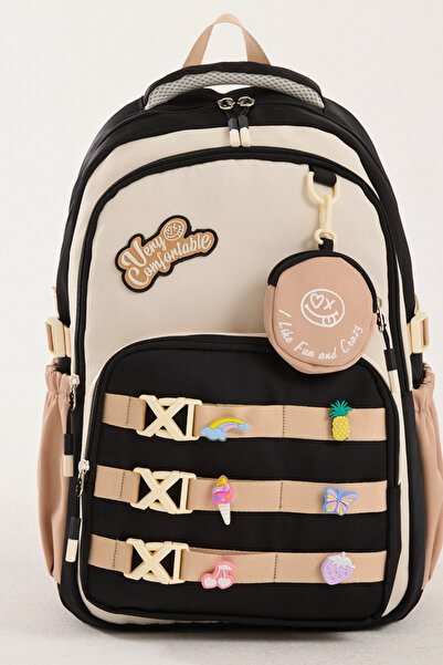 Çanta Trend Geantă de școală pentru fete din material textil de lux importat – Rucsac pentru școala primară și gimnazială cu 6 accesorii și cataramă ca cadou