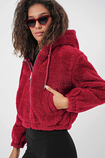 Bigdart Hooded Plush Crop Burgundy Women's Jacket 5193