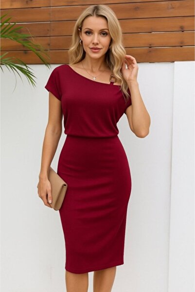 buğrahayalin Women's Short Sleeve Single Shoulder Strap and Accessory Detail Elastic Waist Crepe Dress