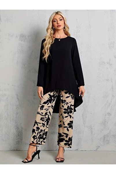 mirror the beauty güzelliği yansıtın Equri̇ Women's Long Sleeve Crew Neck Asymmetrical Cut Detailed Viscose Blouse and Floral Patterned Two Thread