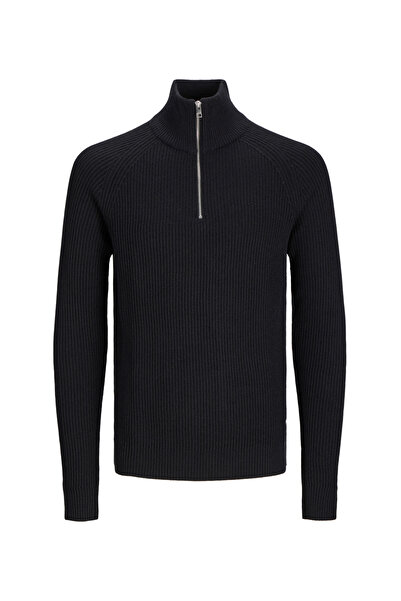 Jack & Jones Black Men's Sweater - Stand Collar, Regular Fit, Half Zip, Knit Material Aw2