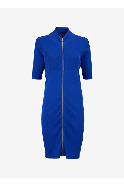 Fabrika Fermuarlı Yaka Düz Saks Mini Elbise F4WL-ELB0378