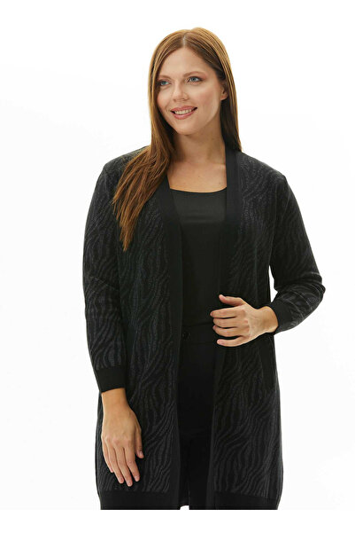 Selen Siyah Kadın V Normal Çizgili Hırka 24KSL4124-BB