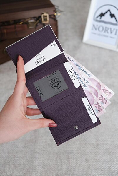 Norvi Leather Mechanism Automatic Genuine Leather Card Holder Purple 1041