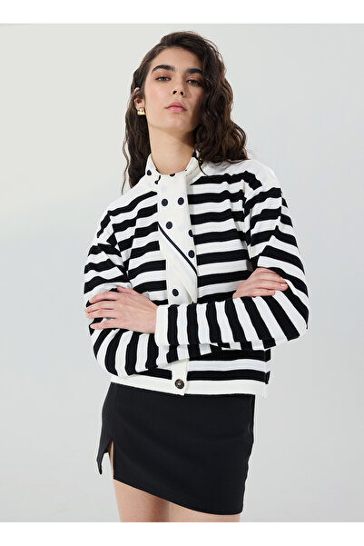 People By Fabrika Beyaz - Siyah Kadın Bisiklet Yaka Basic Çizgili Hırka PBF4W...