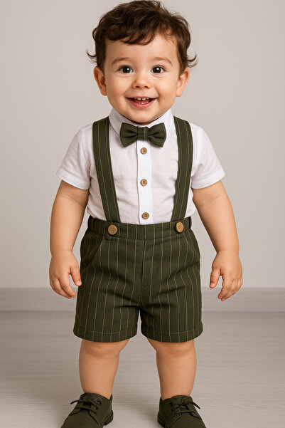 Mika Bebek & Çocuk Khaki Striped Fabric Baby Boy Summer Salopet with Bow Tie Eid Suit