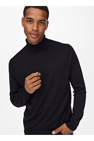 Only & Sons Pulover pentru bărbați cu guler vertical, obișnuit, simplu, negru ONSWYLER LIFE REG 14 ROLL KNIT NOOS