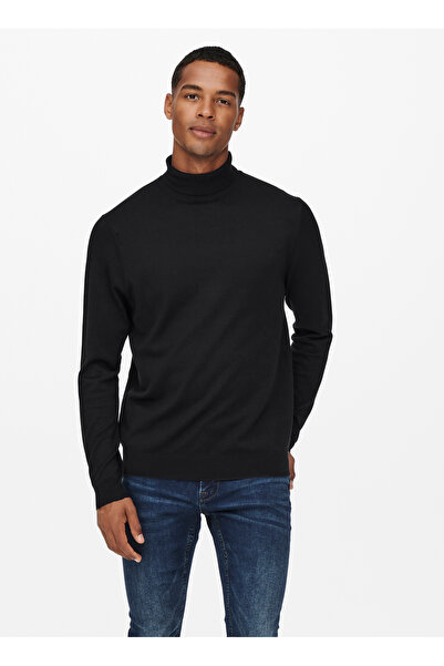 Only & Sons Pulover pentru bărbați cu guler vertical, obișnuit, simplu, negru ONSWYLER LIFE REG 14 ROLL KNIT NOOS