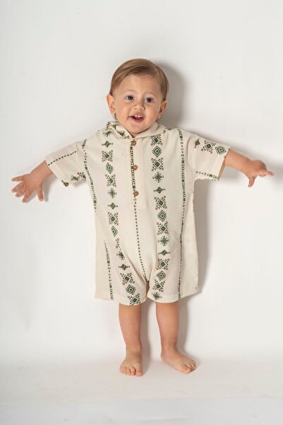 Minimus Boys and Girls Hooded Cotton Shiloh Cloth Summer Baby Romper – Short Sleeve with Wooden Buttons