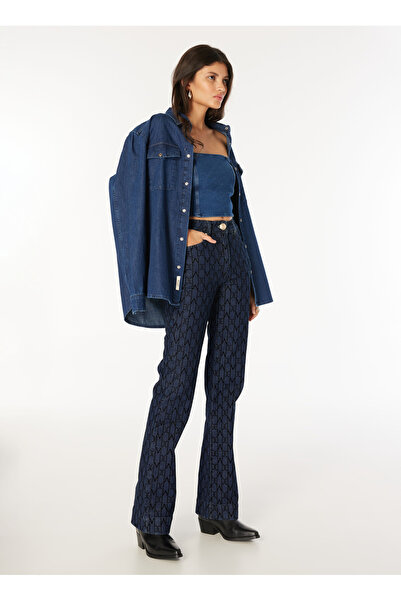 Guess Normal Bel Normal Paça Regular Fit Mavi Kadın Denim Pantolon BEA 5 PKT - MONOGRAM FLOCK