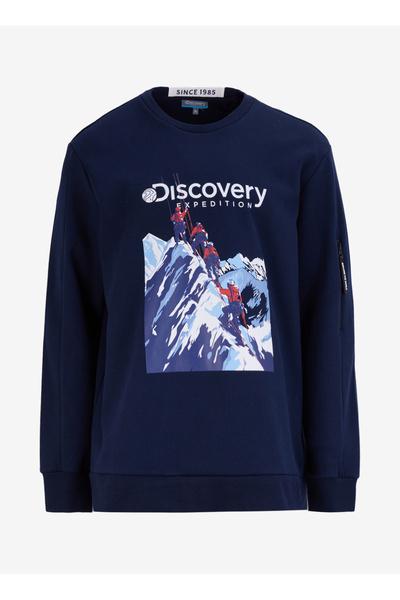 Discovery Expedition Lacivert Erkek Bisiklet Yaka Relaxed Fit Baskılı Sweatsh...