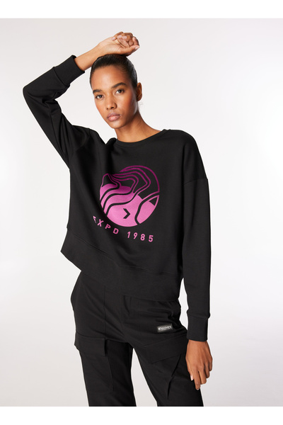 Discovery Expedition Siyah Kadın Bisiklet Yaka Crop Baskılı Sweatshirt D4WL-SWT3092