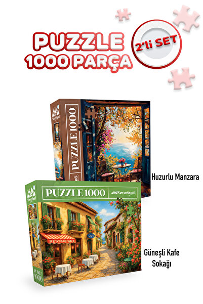 Neverland 2 ADET 1000 PARÇA PUZZLE -HUZURLU MANZARA VE GÜNEŞLİ KAFE SOKAĞI