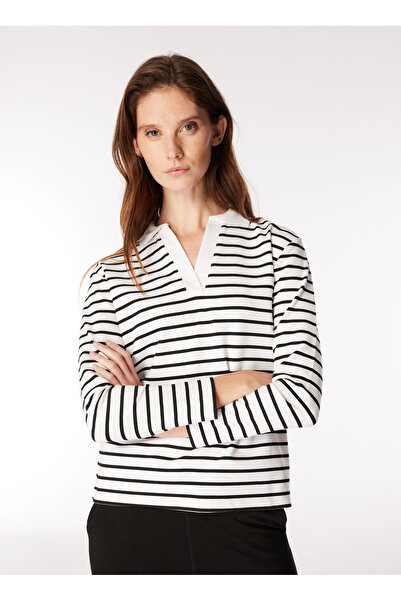 People By Fabrika Polo Yaka Çizgili Beyaz - Siyah Kadın Sweatshırt PBF4WL-SWT...