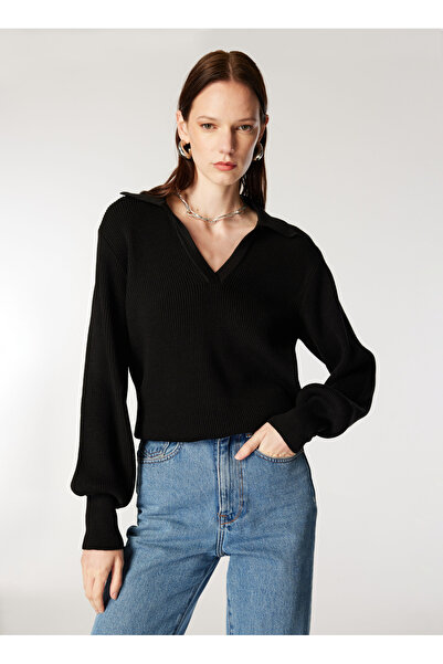 Mustang Polo Yaka Normal Düz Siyah Kazak Kadın M4WL-KZK-1914