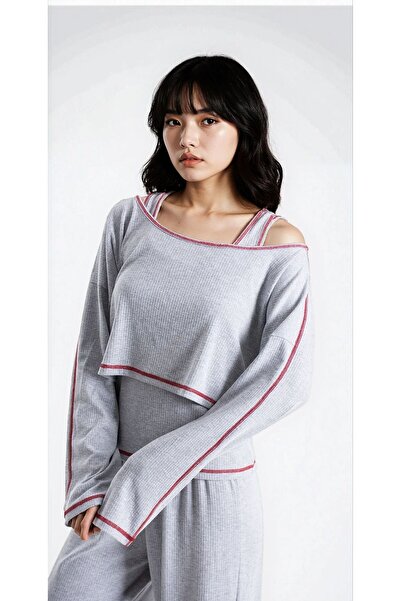 Ecrou Set de pijamale din tricotaj cu striații piese pentru femei, gri Melange Reported 3 Texture Seoul