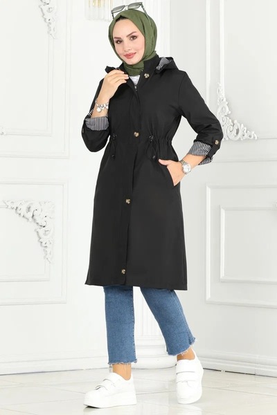 Ayşo Women's Black Wind, Waterproof Bondit Fabric Detachable Buttoned Hooded Waist Tunnel Trench Coat