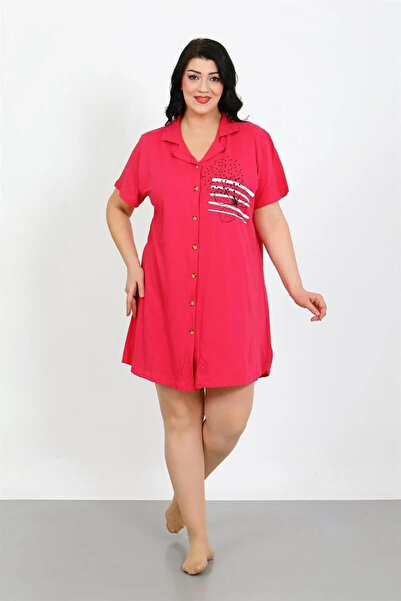 emosavm Fashion Plus Size Combed Cotton Buttoned Fuchsia Tunic Nightgown