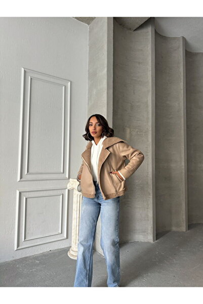 Caddebostan Moda Zippered Leather and Fur Dark Stone Women's Premium Luxury Trend Design Coat