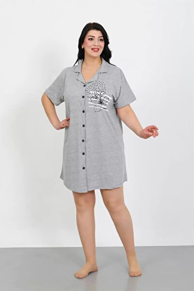 emosavm Fashion Plus Size Combed Cotton Buttoned Gray Tunic Nightgown