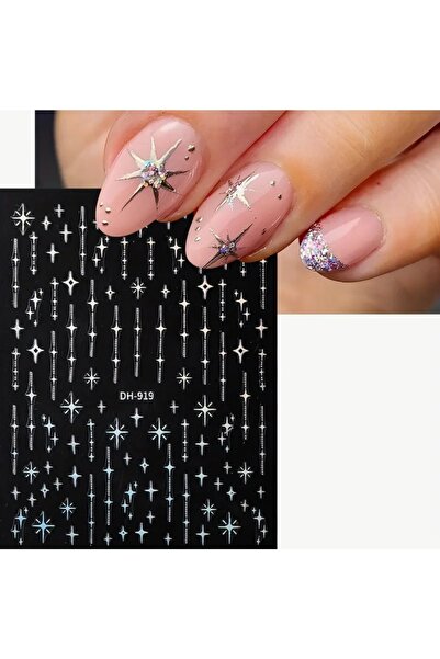 AEÇTASARIM 1 Adet Gümüş Lazer Yıldız Çizgi Tırnak Süsleme Stickerı, Nail Art Süsü