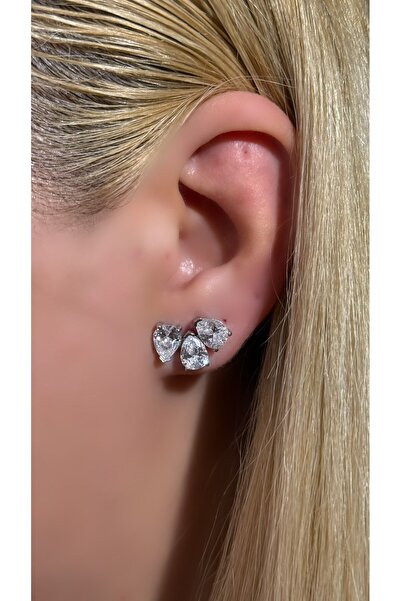 Luna Argento Beyaz Altın Kaplama Rodajlıı 3 Beyaz Damla Model Çivi Model Küpe 925 Ayar Gümüş