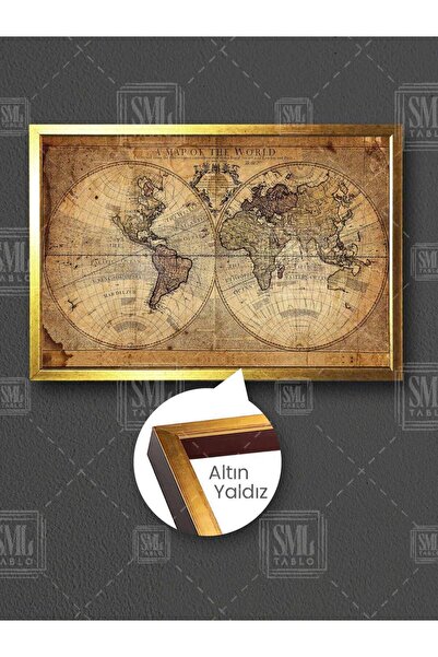 SML TABLO Vintage Dünya Haritası Eski Harita World Map Çerçeveli Yatay Kanvas...