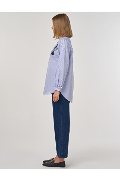 KYR Embroidered Applique Cotton High Neck Tunic Blue