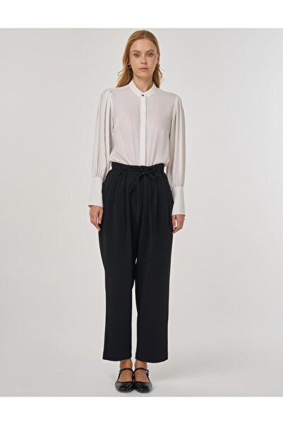 Kayra Pleated Lace Belted Pipe Leg Trousers Black