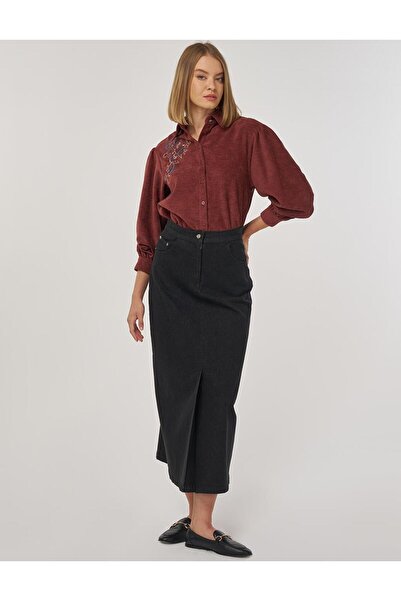 Kayra Slit Detailed Denim Skirt Black