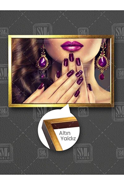 SML TABLO Mor Küpeli Ruj Oje Sürmüş Kadın Mor Küpeli Tırnak Makyaj Kuaför Dek...