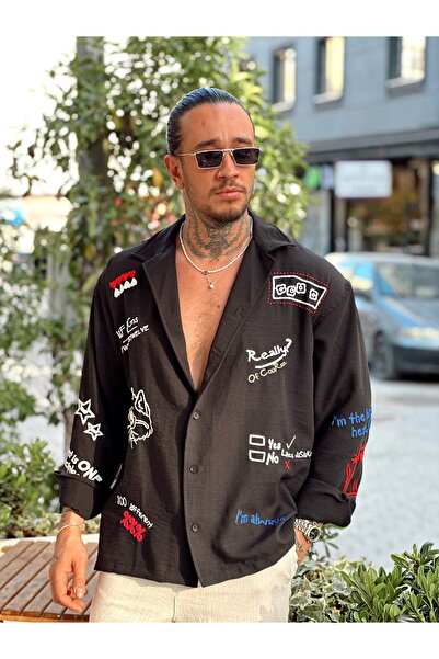 manch collection oversized Λινό πουκάμισο με γραπτό κέντημα μαύρο