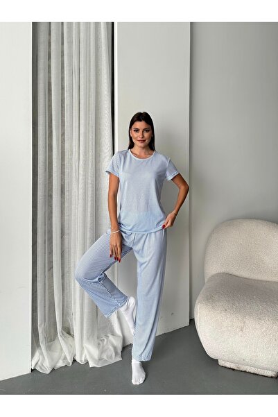 ELİBELLA Kadın Çizgili Pamuklu Likralı Pijama Takımı