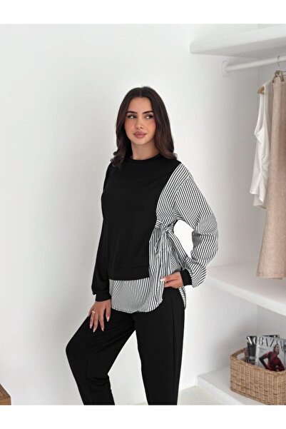 MİRALİS Women's Shirt Detail Striped Side Tie Double Suit