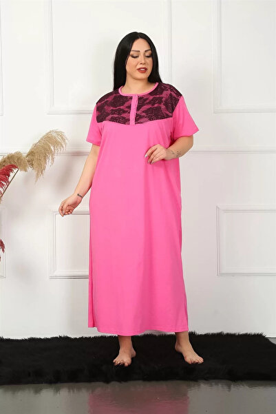emosavm Fashion Plus Size Lace Short Sleeve Fuchsia Mother Nightgown