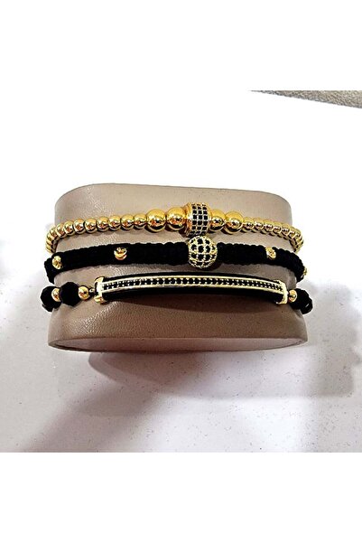 velve Σετ Forever Love, τρία βραχιόλια σε κορδόνι με πλεγμένο κούμπωμα, ρυθμιζόμενο μαύρο/χρυσό,