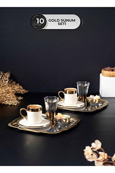 Hediye Köşkü 2 Kişilik 10 parça Lüks Metal Tepsili Kahve Sunum Seti