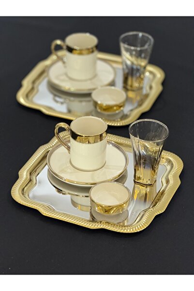 Hediye Köşkü 2 Kişilik 10 parça Lüks Metal Tepsili Kahve Sunum Seti
